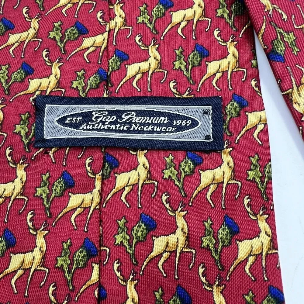 Gap Premium Tie Silk USA Made Red Gold Deer Stag Blue Green Flowers Vintage